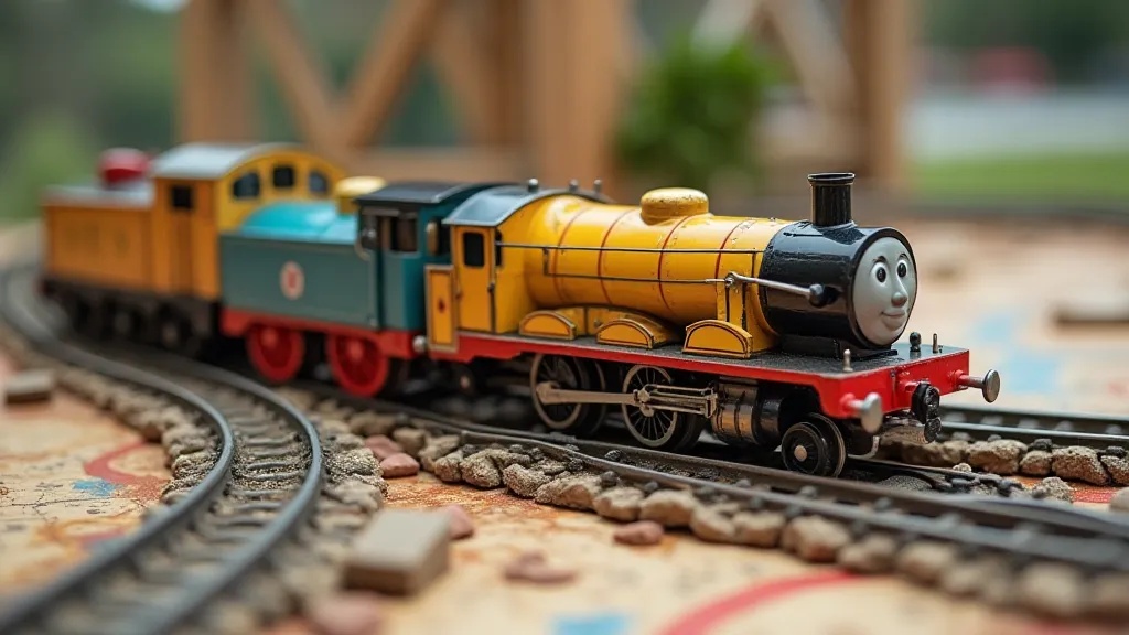 Colorful trains on a miniature railway track.